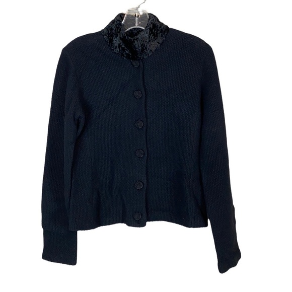 NWT Lauren Ralph Lauren Black Lambswool Fur Collar Cardigan Jacket Petite Medium - Picture 1 of 14